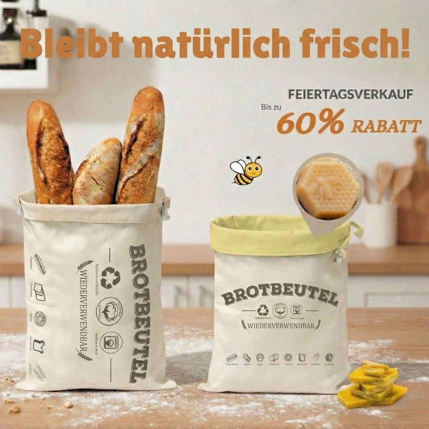 Premium-Brotbeutel aus Baumwolle und Bienenwachs